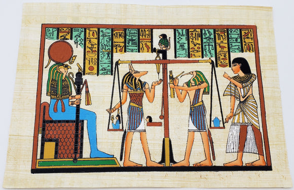 A close up of the full papyrus painting depicting the Egyptian Judgment Scene.