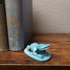 Decorative blue frog on a wooden door next to an old book