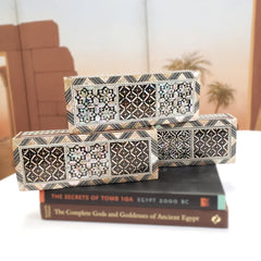Egyptian Elongated Rectangle Wooden Jewelry Box with Mother of Pearl Inlay