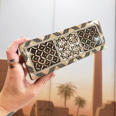 Egyptian Elongated Rectangle Wooden Jewelry Box with Mother of Pearl Inlay