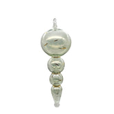 A handblown green glass Christmas ornament with multiple bubbles, etched and painted details, and a gold satin ribbon at the top.