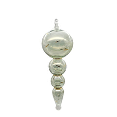 A handblown green glass Christmas ornament with multiple bubbles, etched and painted details, and a gold satin ribbon at the top.