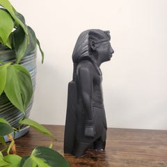 Black sculpture of Ramses against a white wall with plants in the foreground