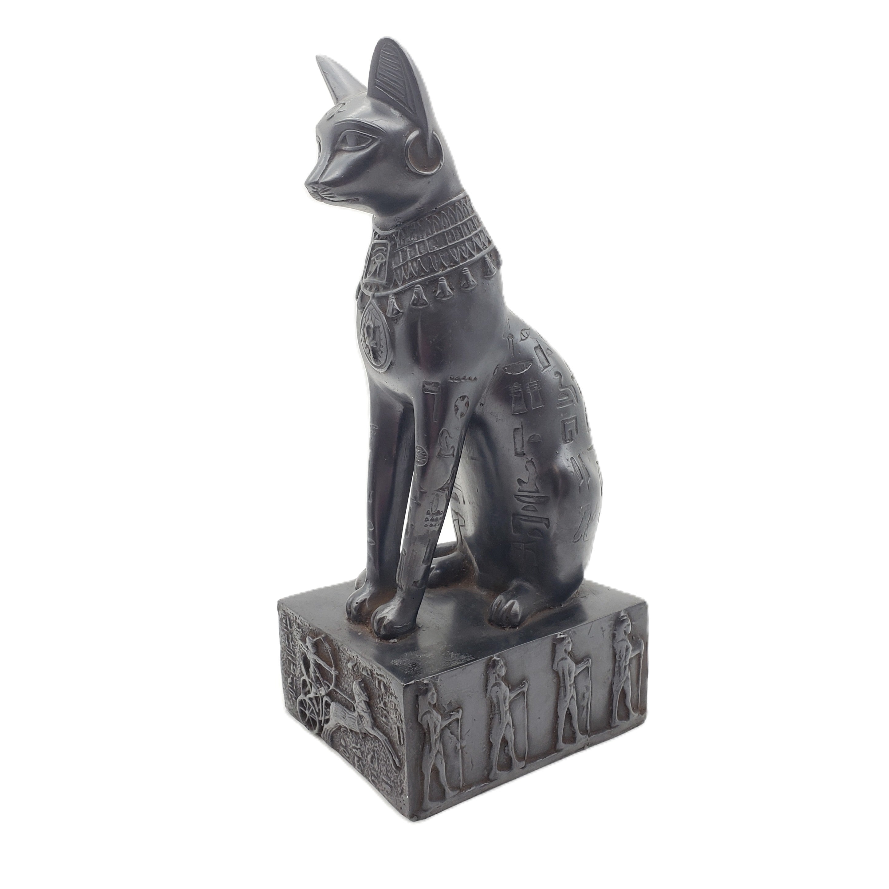 Statue of a cat with hieroglyphics on a white background