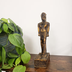 Decorative King Amunhotep Statue on a wooden shelf with a plant in the foreground