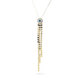 Long beaded necklace with a blue gemstone on a white background