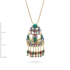 Colorful necklace with intricate design on a white background