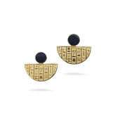 Pair of gold earrings with black stones on a white background