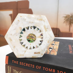 Egyptian White Hexagon Wooden Jewelry Box with Mother of Pearl Inlay