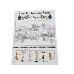 I Spy game sheet titled 'King Tut Treasure Room' with illustrations and hieroglyphs.