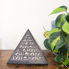 Decorative triangle wall art with a plant in the background