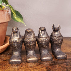 EGYPTIAN FOOTED CANOPIC JAR SET - BRONZE - SET OF 4 - 4" - ANCIENT EGYPT DEITY - SONS OF HORUS