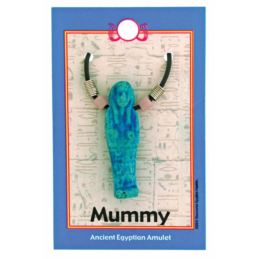 Mummy-shaped amulet on a card with 'Mummy' text and blue border