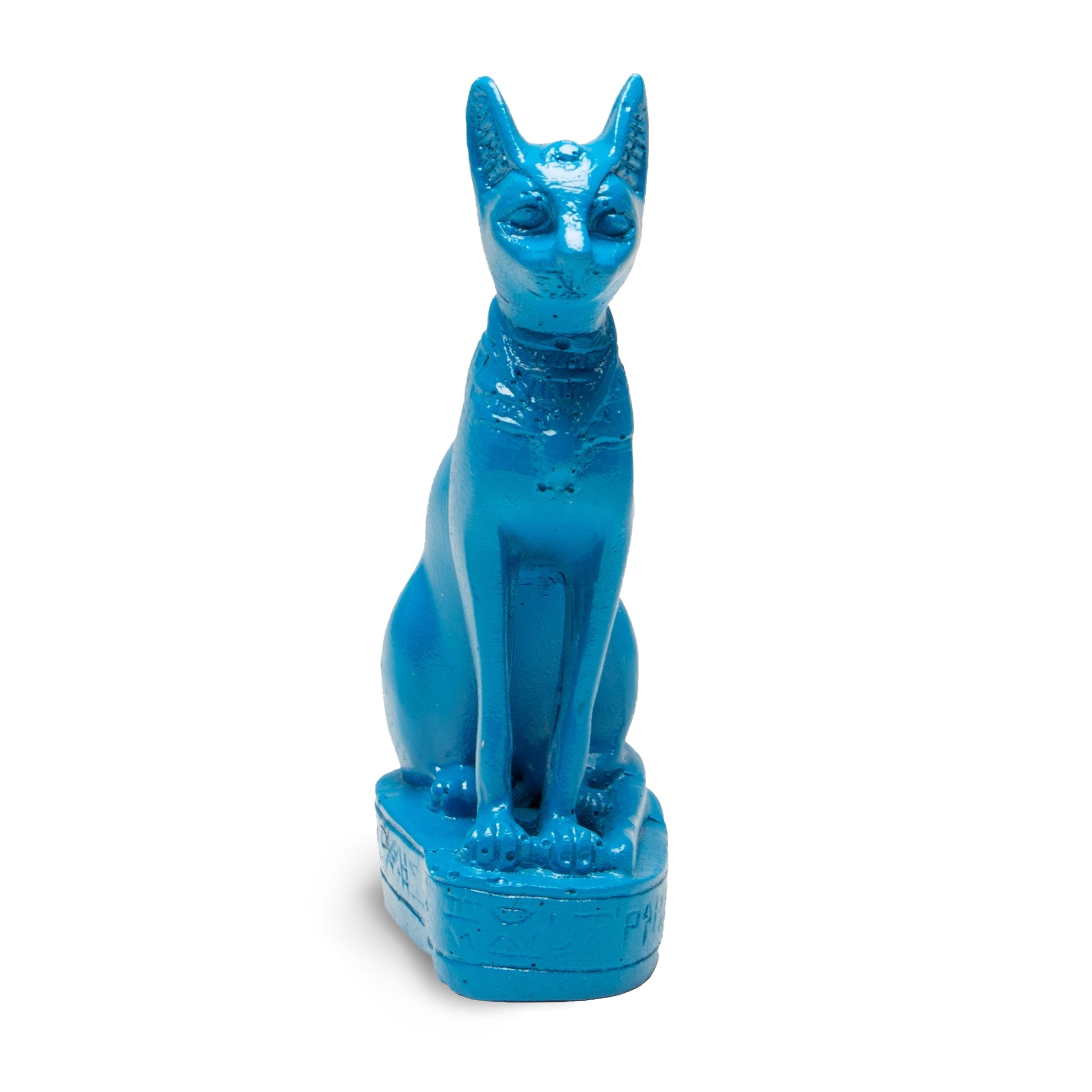 A blue Egyptian Bastet cat statue made of polymer resin, sitting in a hieroglyphic box.