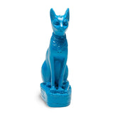 A blue Egyptian Bastet cat statue made of polymer resin, sitting in a hieroglyphic box.