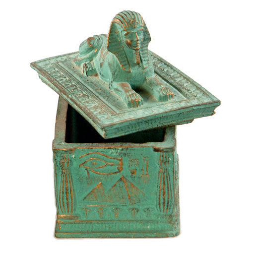 Decorative box with sphinx design on a white background