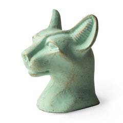 A statue of the Egyptian cat goddess Bastet with a patina finish, crafted from durable high-quality polymer resin.