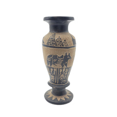 Decorative vase with black and beige patterns on a white background