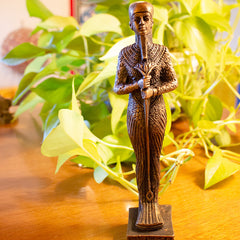 Decorative statue on a wooden surface with green plants in the background