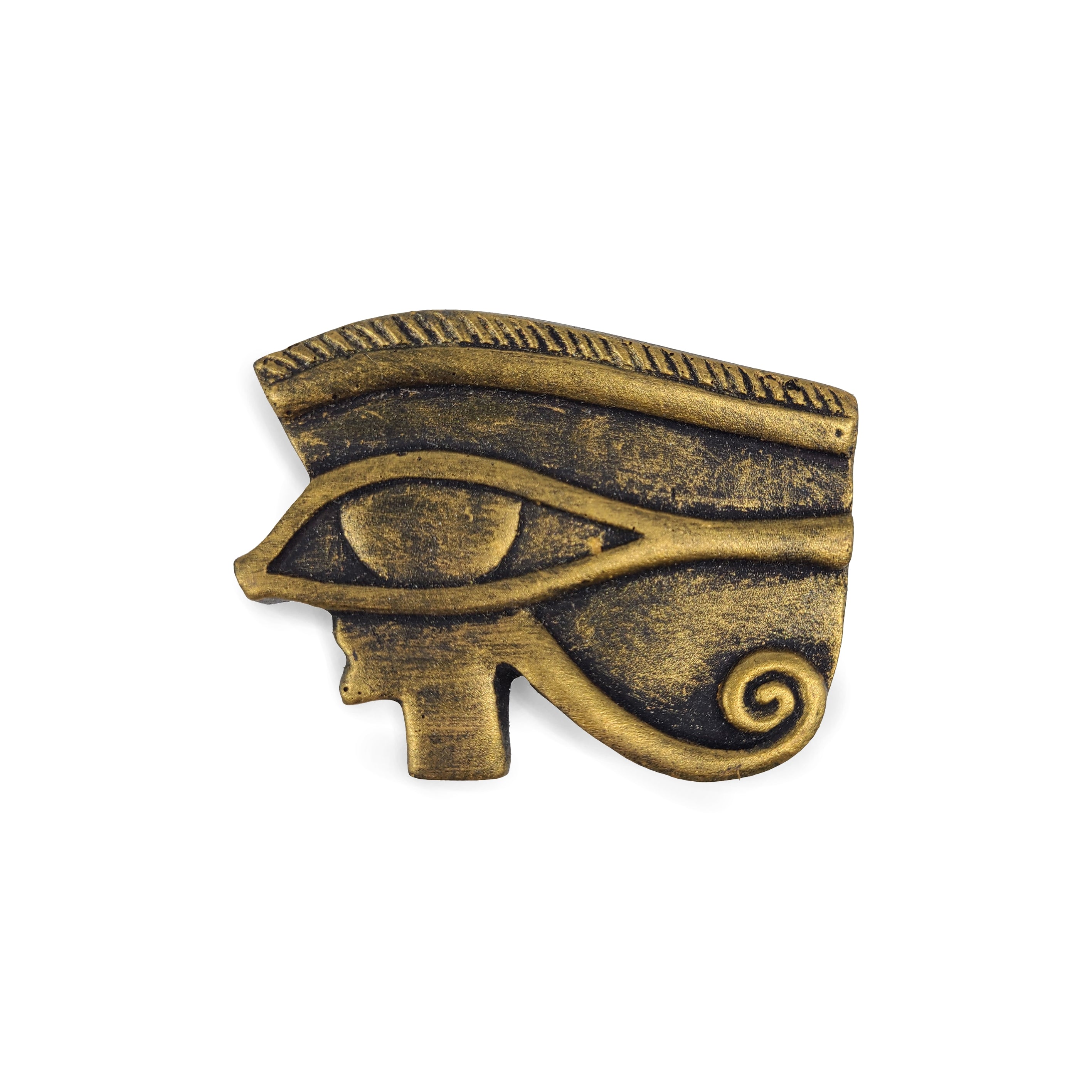 Bronze-colored Egyptian Eye of Horus symbol on a white background