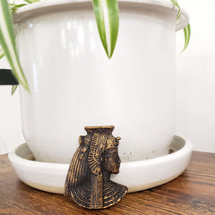 White ceramic planter with a bronze magnet in front on a wooden surface with plants in the background