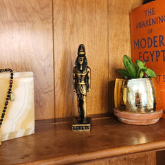 Small Egyptian-style statue on a wooden surface with a plant and decorative box.