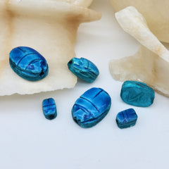 Blue scarab beetles on a white surface with seashells in the background
