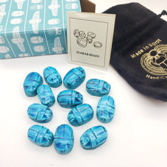 Ägyptische Skarabäus-Perlen, 12er-Set, mittelgroß, vertikal gebohrt, hellblauer Speckstein, hergestellt in Ägypten