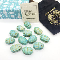 Egyptian Scarab Beads Set of 12 Medium - Green Soapstone - Made in Egypt