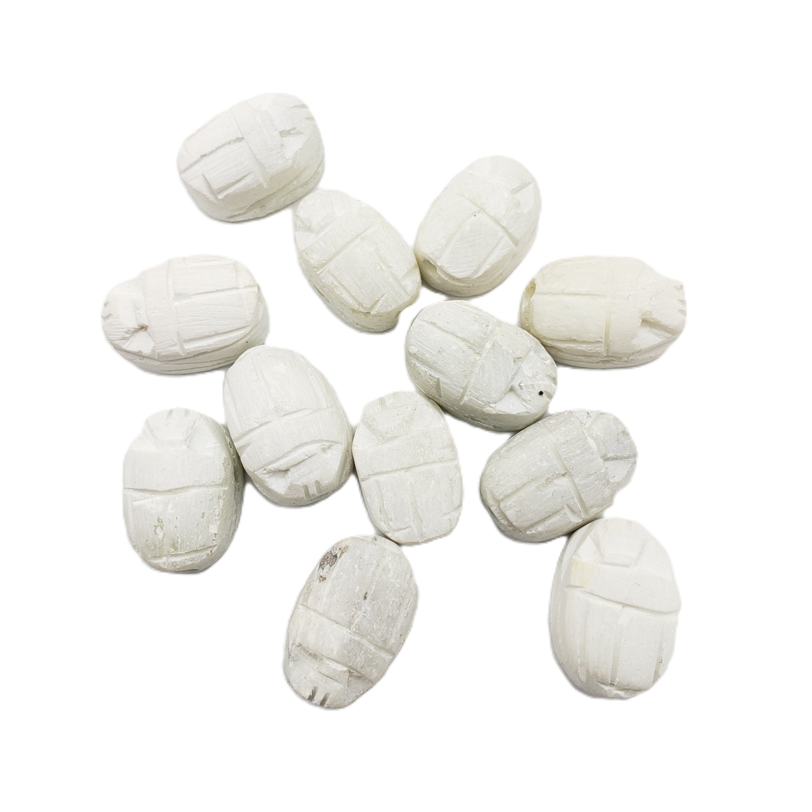 Egyptian Scarab Beads Set of 12 Medium - Vertical Drilled - White Soapstone - Made in Egypt