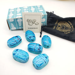 Egyptian Scarab Beads Set of 6 Extra Large - Light Blue Soapstone - Made in Egypt