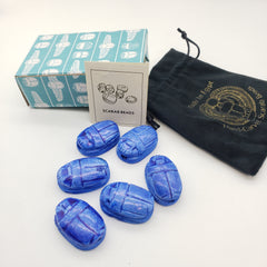 Egyptian Scarab Beads Set of 6 Extra Large - Dark Blue Soapstone - Made in Egypt