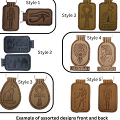 A collage showing five labeled style options for Egyptian-themed pendant or tag designs, including front and back views. Styles 1, 3, and 5 are tan/brown, while style 2 is dark gray and style 4 is light tan.