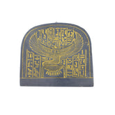 Decorative plaque with gold Egyptian hieroglyphics and a winged figure on a gray background