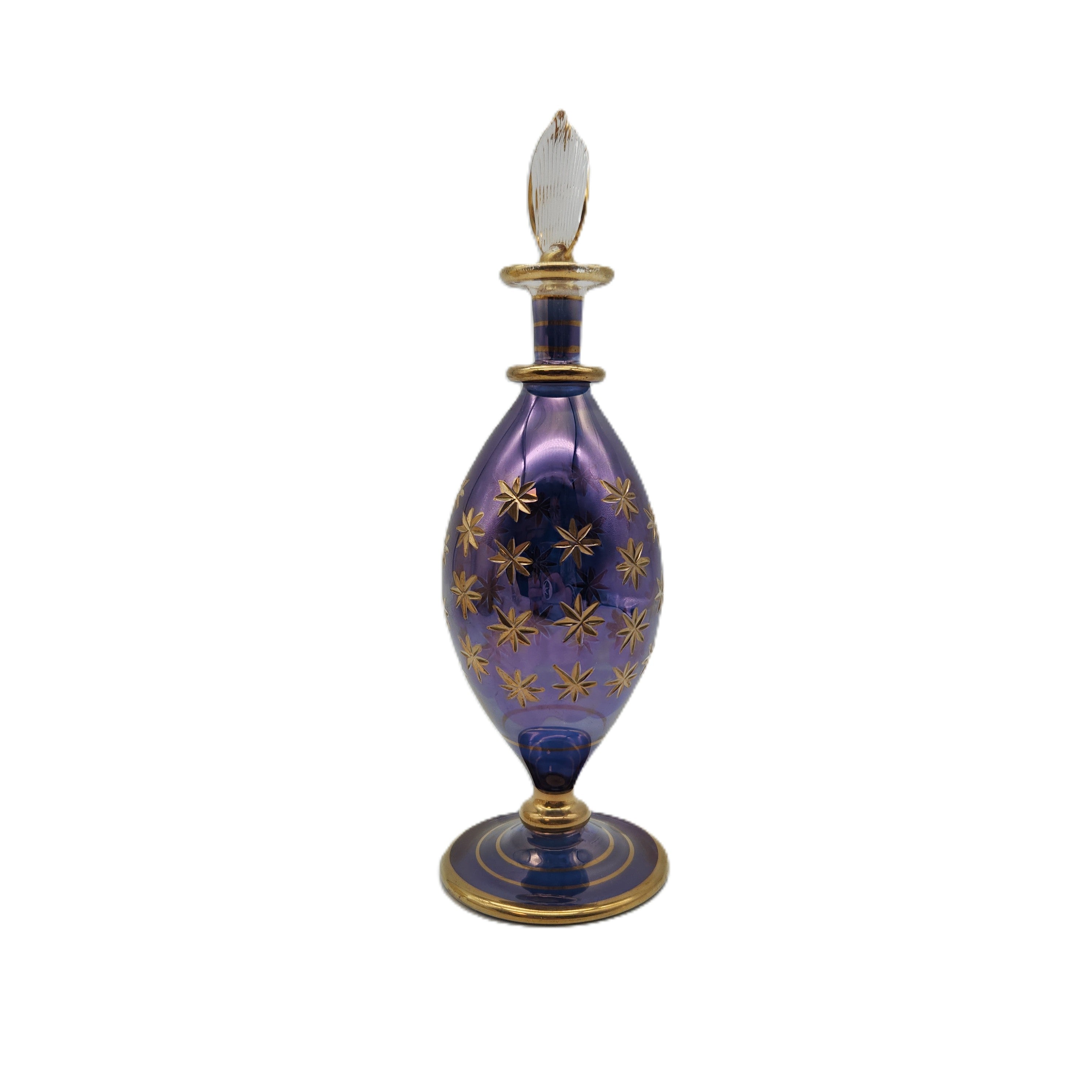 Decorative purple bottle with gold accents on a white background