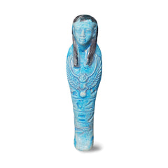 A ceramic ushabti statue with blue hieroglyphic details and a scarab design, made in Egypt.