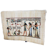 Hand-painted papyrus painting depicting an ancient Egyptian judgement scene with metallic and matte paints, featuring various characters and a balance scale.
