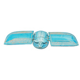 An Egyptian winged scarab amulet with blue and gold colors, consisting of a beetle and two separate wings.