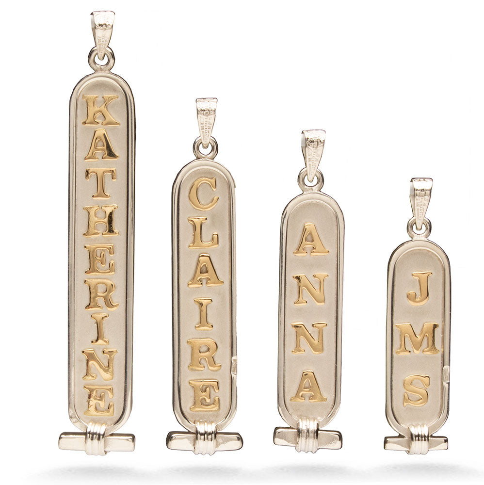 PERSONALIZED DOUBLE SIDED CARTOUCHE (GOLD AND SILVER) size comparison silver and gold