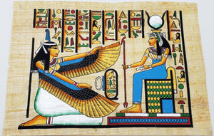 A close up of the papyrus painting depicting Isis, goddess of motherhood and magic, sitting on her throne with Maat, goddess of truth and justice, kneeling before her.