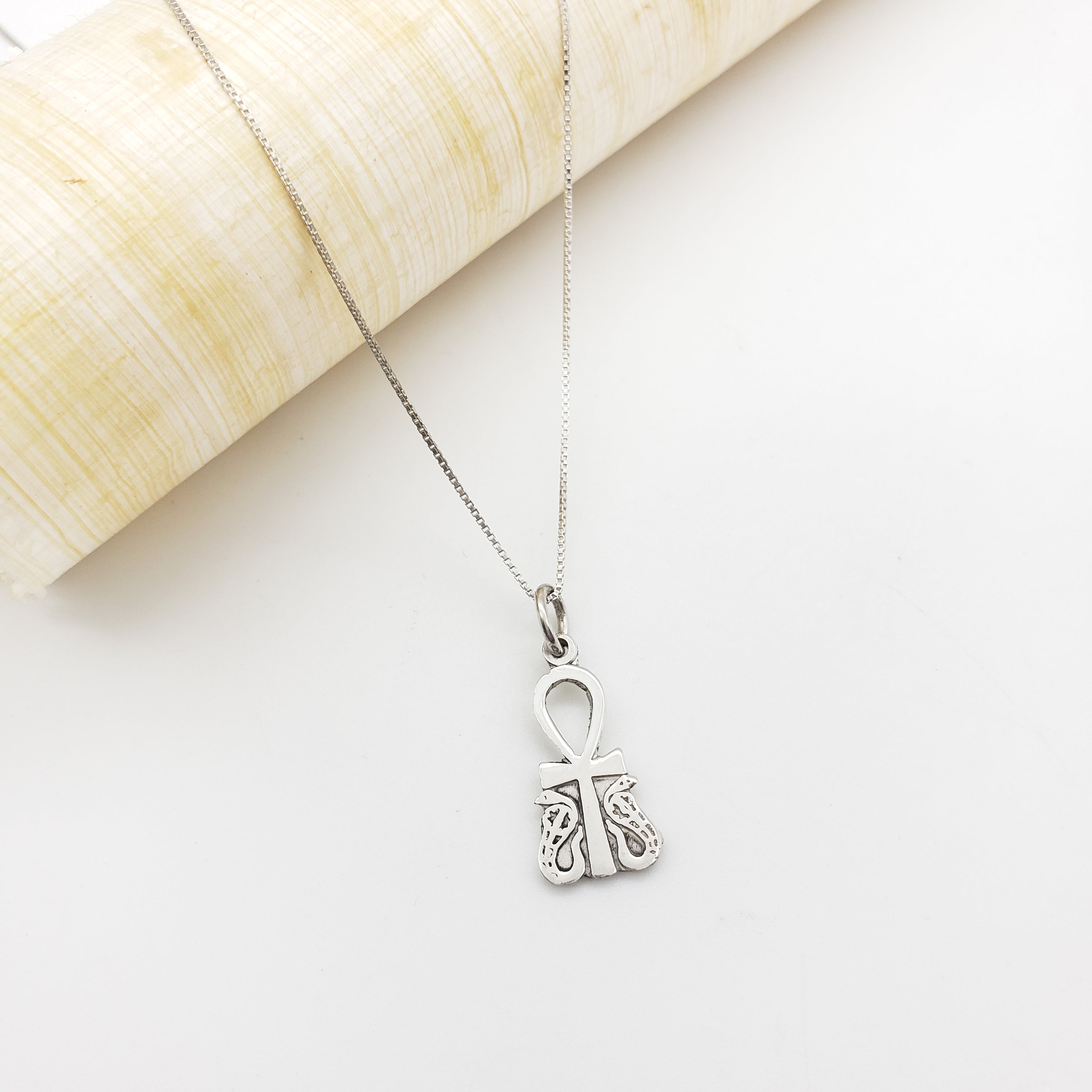 Silver necklace with an ankh and cobra pendant on a white background