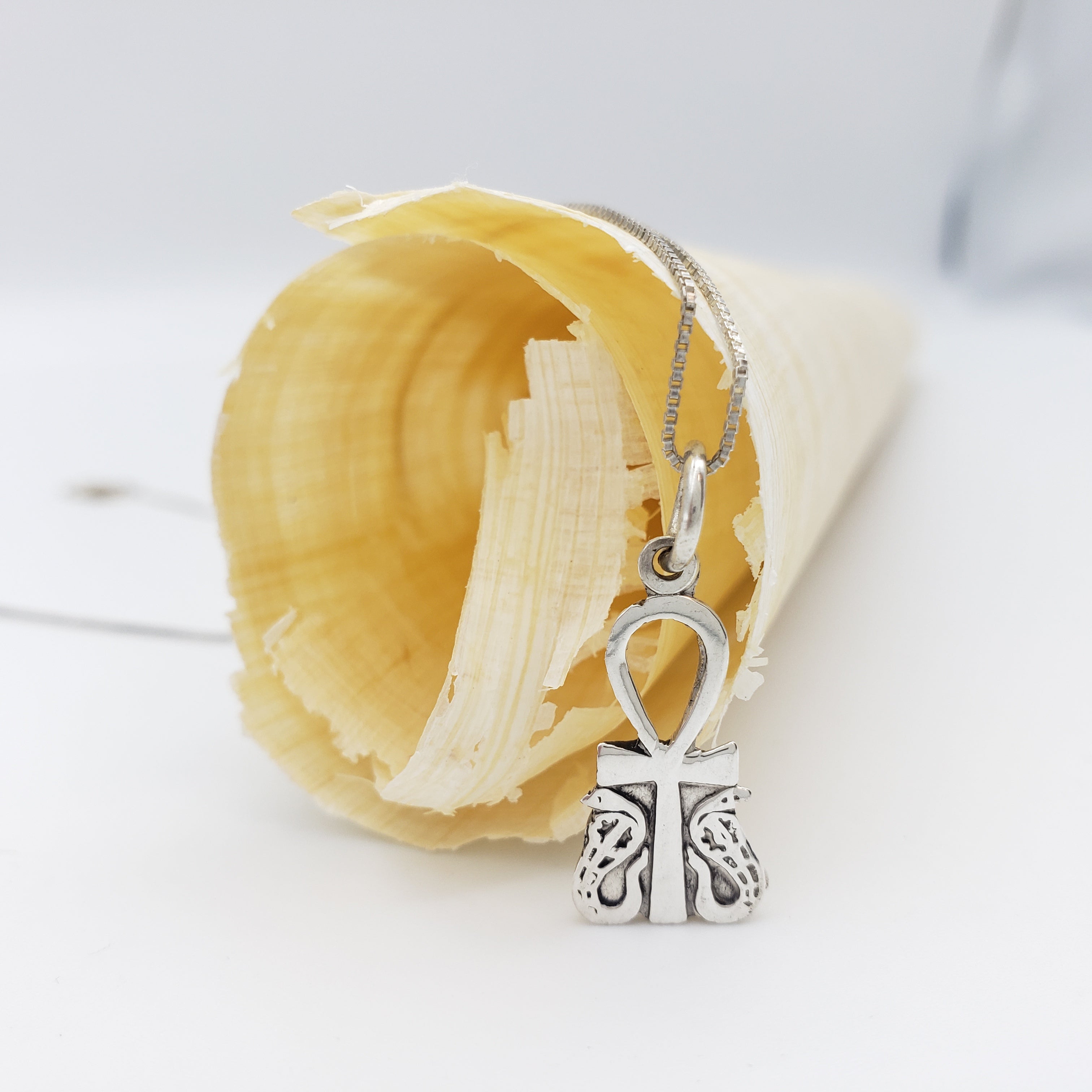 Silver an ankh and cobra charm on a chain with a shell in the background