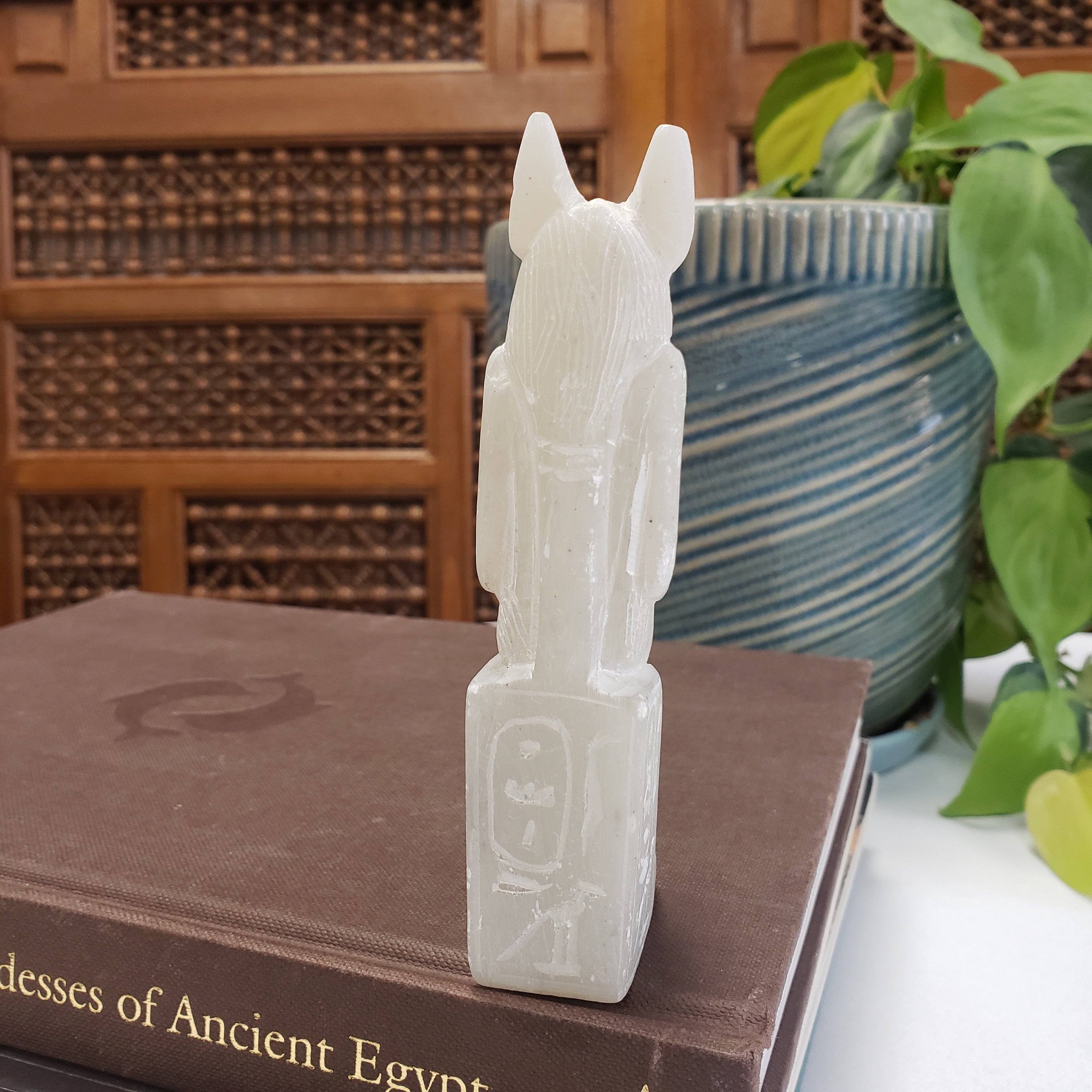 Decorative item resembling an ancient Egyptian artifact on a book with plants in the background