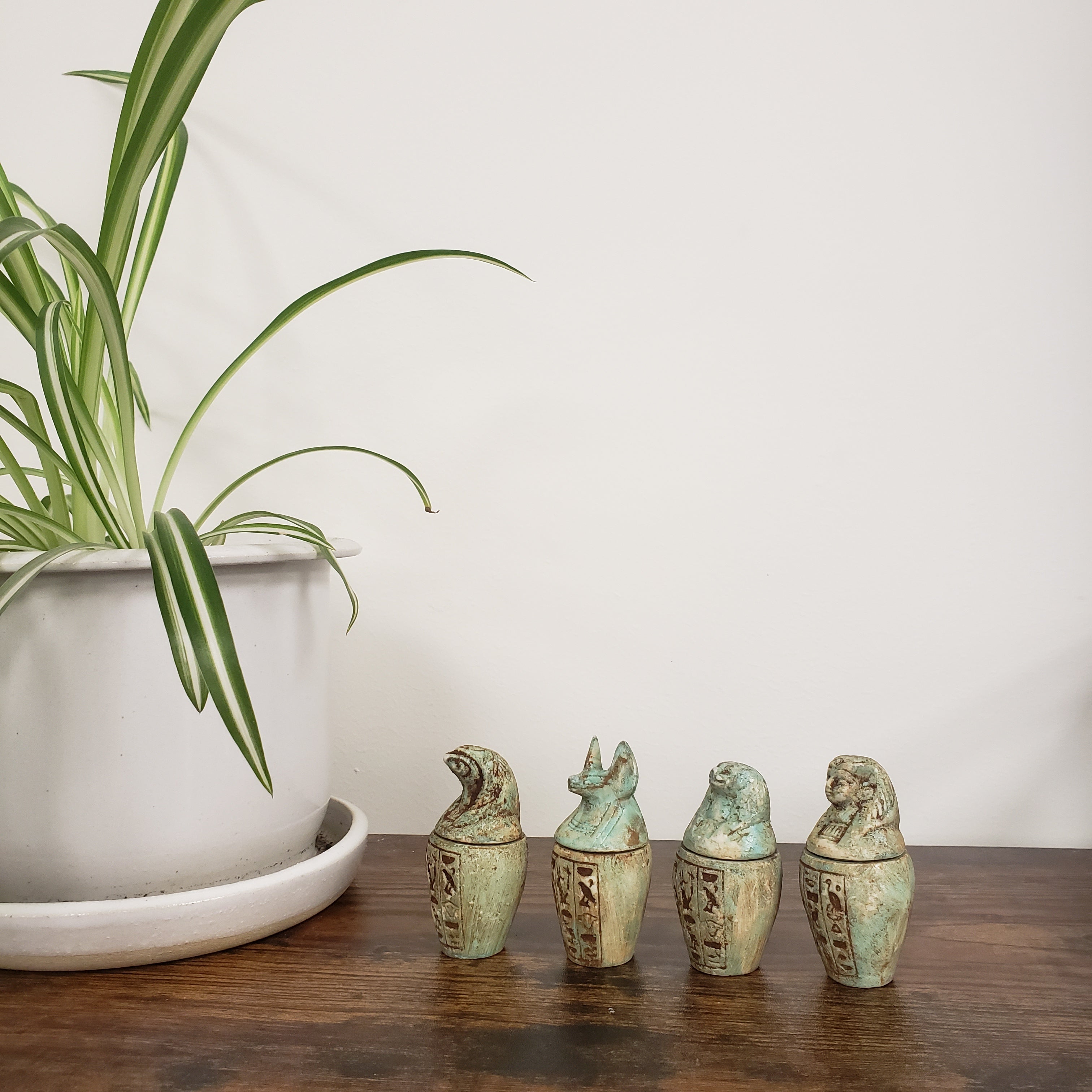 Decorative green canopic jar statues on a wooden door with a plant in the foreground.