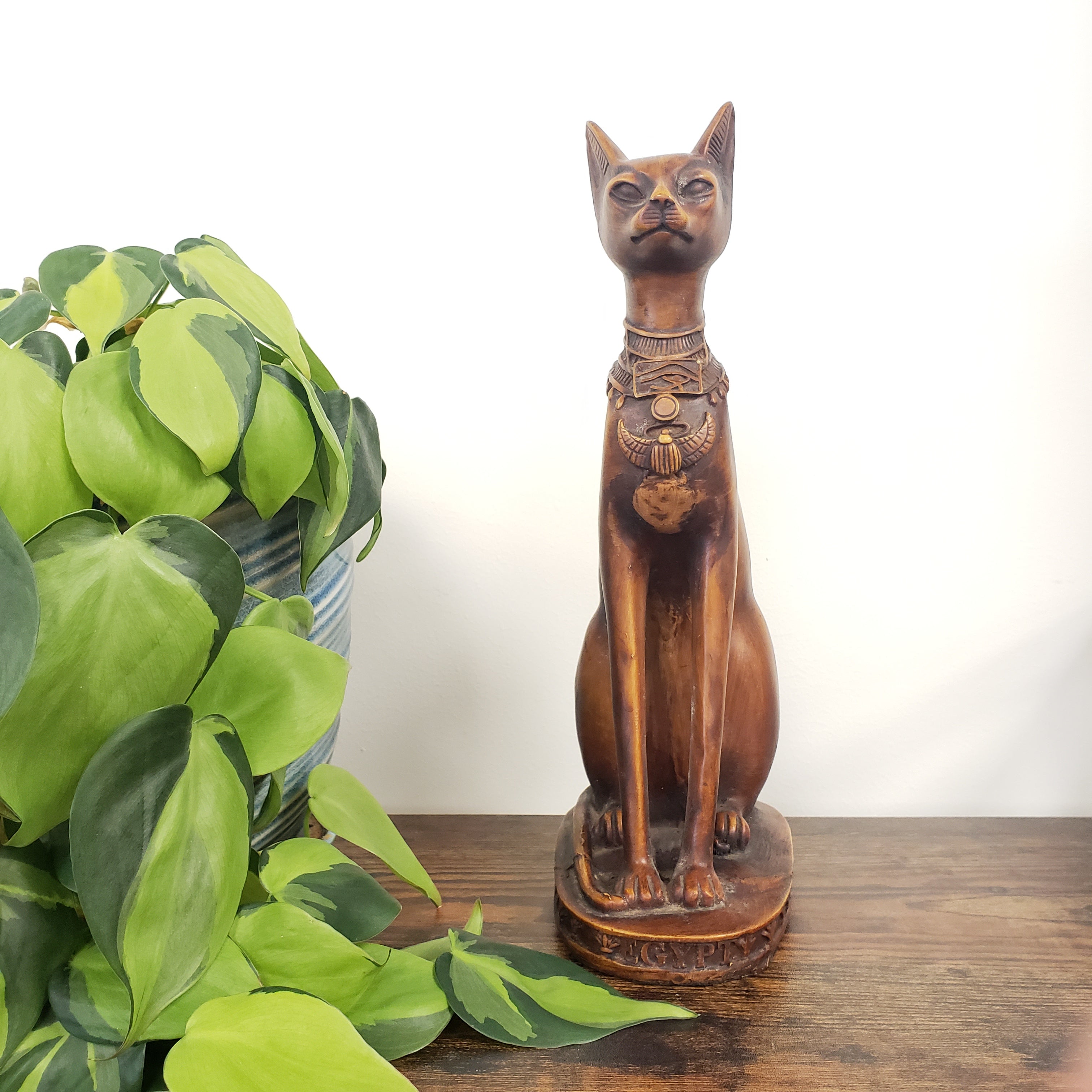 Brown cat statue on a wooden surface with green leaves in the foreground