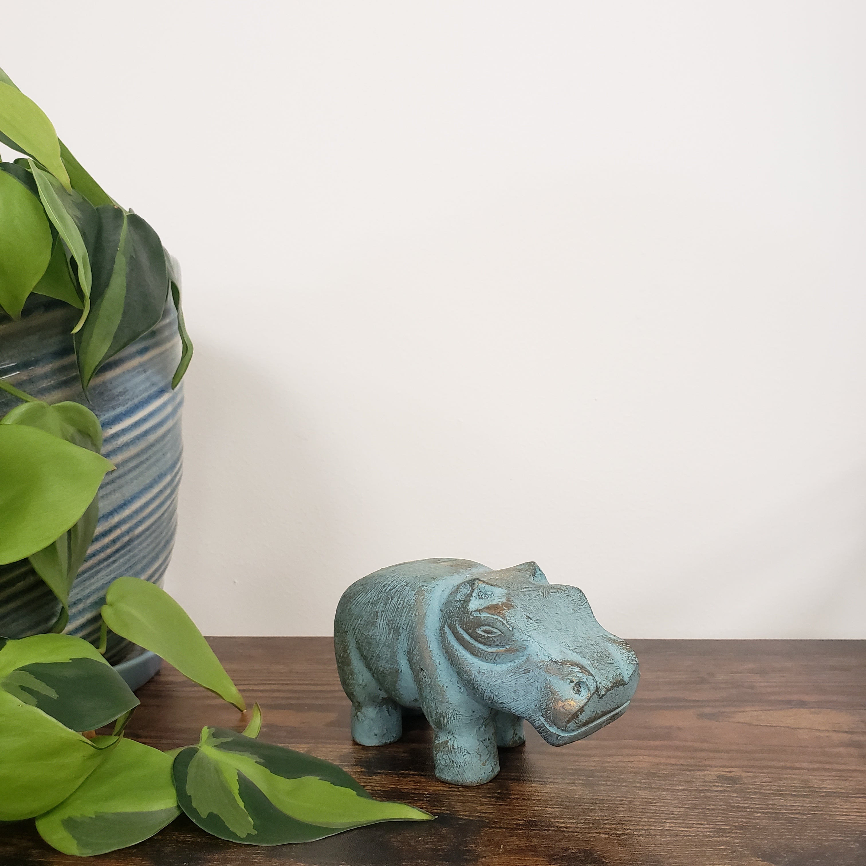 Decorative green hippo statue on a wooden door with plants in the foreground