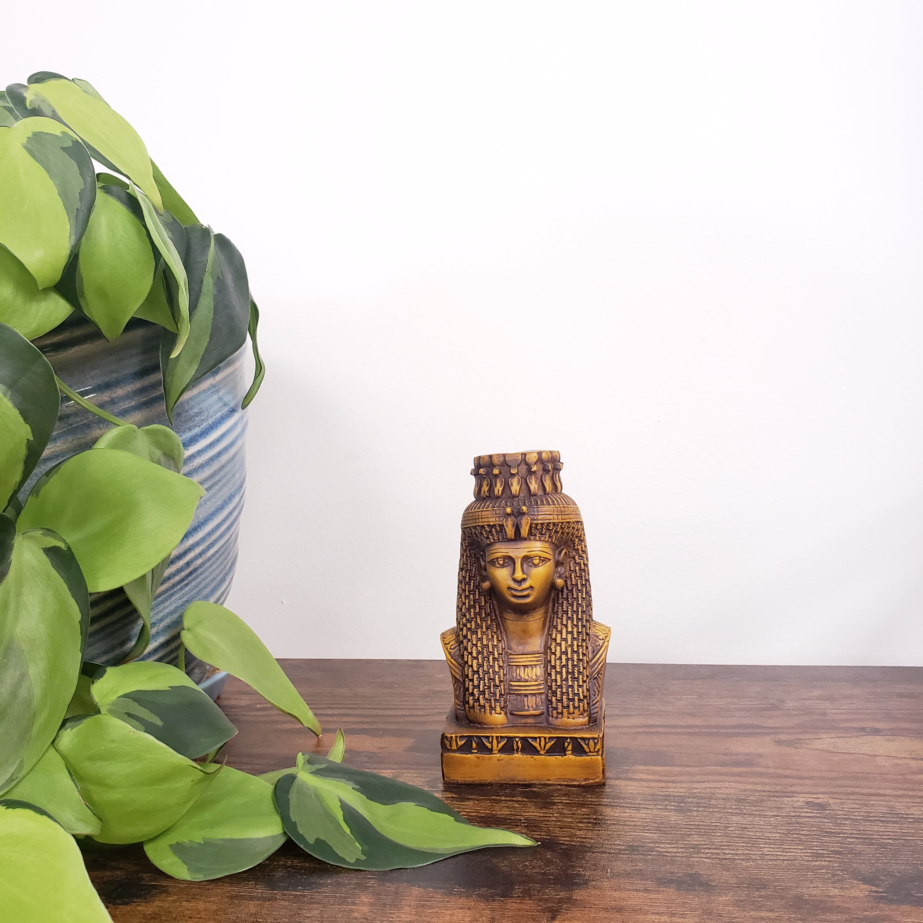 Decorative Egyptian Queen Mutnejmet Statue on a wooden panel, surrounded by green leaves.