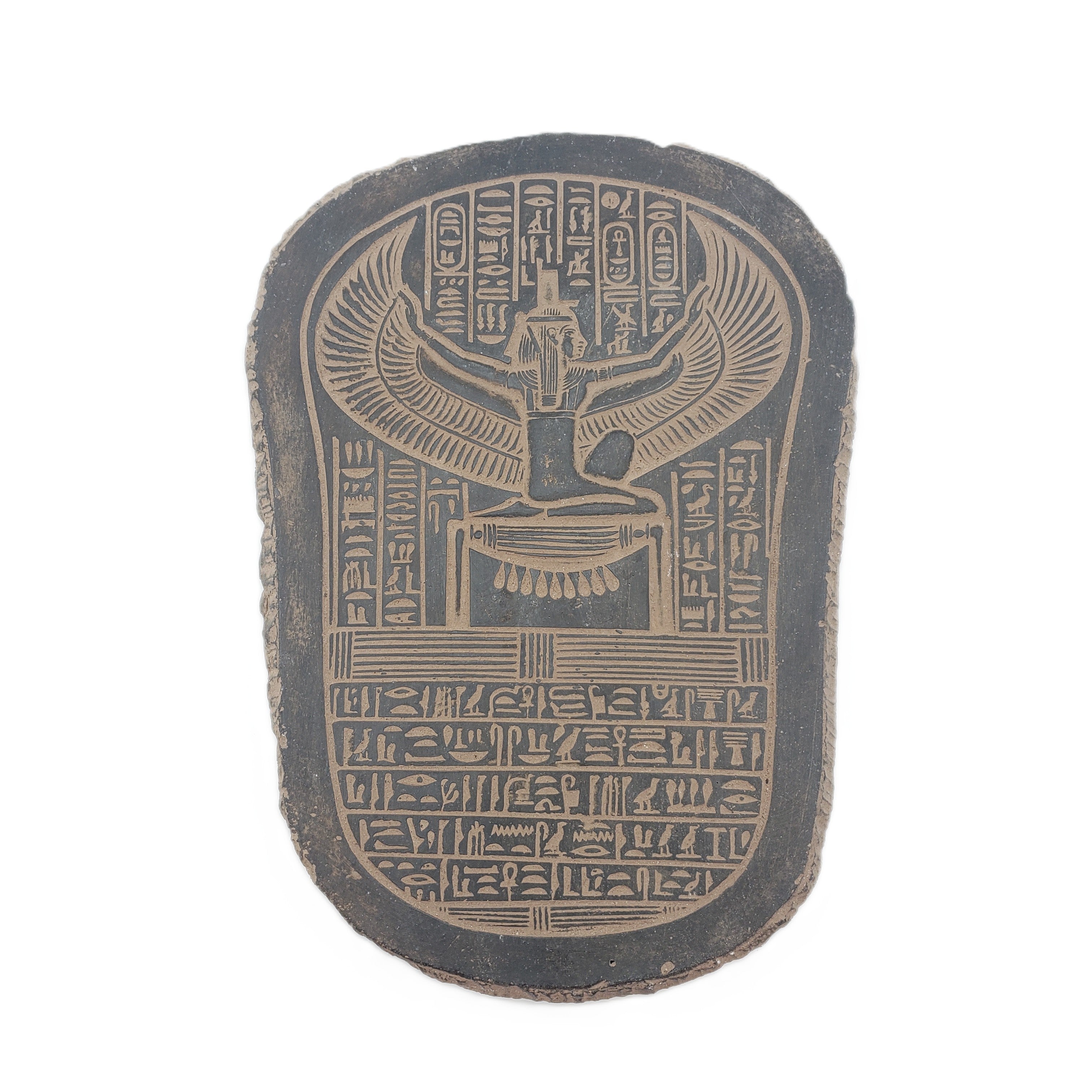 Decorative stone with winged symbol and hieroglyphics on a white background