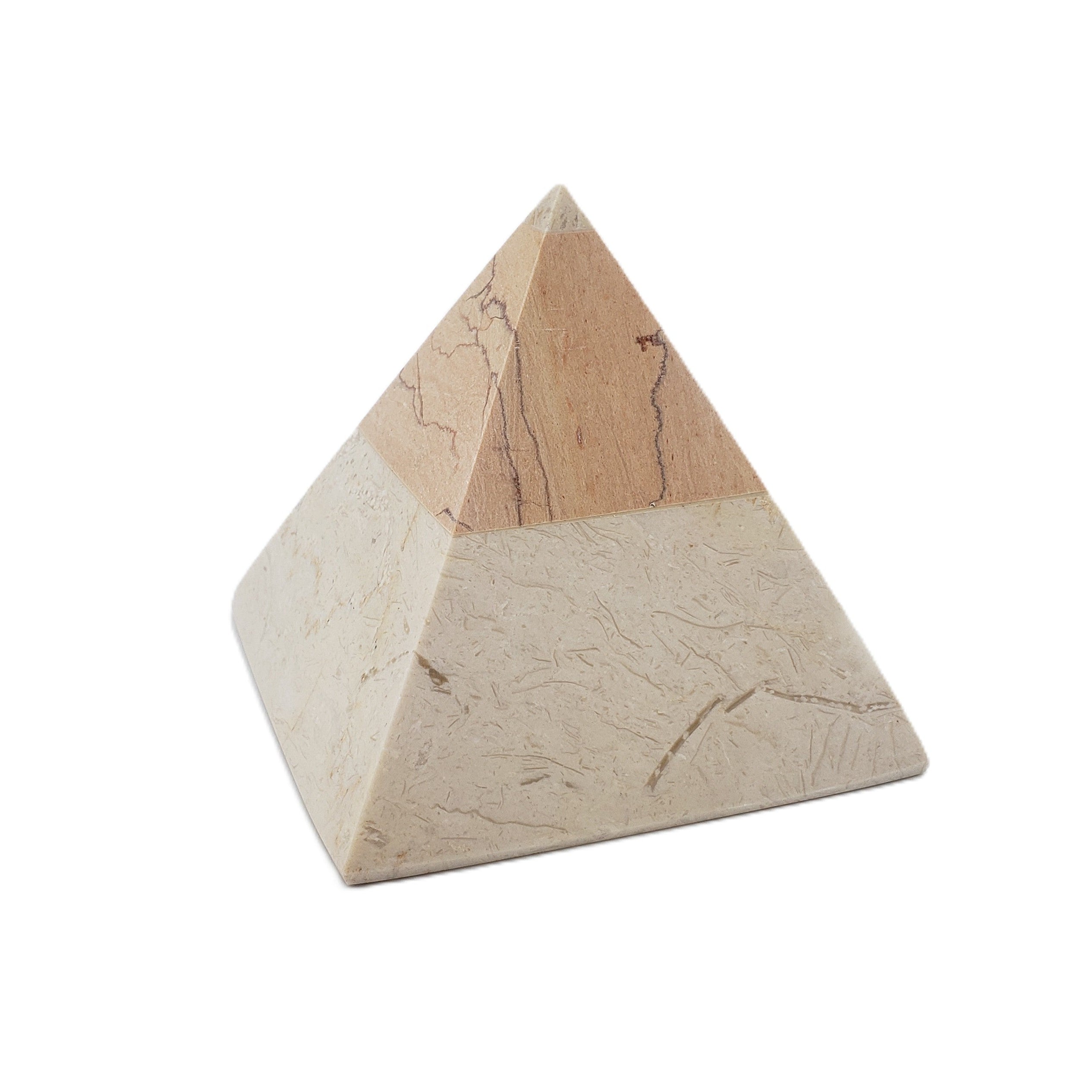 Pyramid-shaped object with a natural stone pattern on a white background
