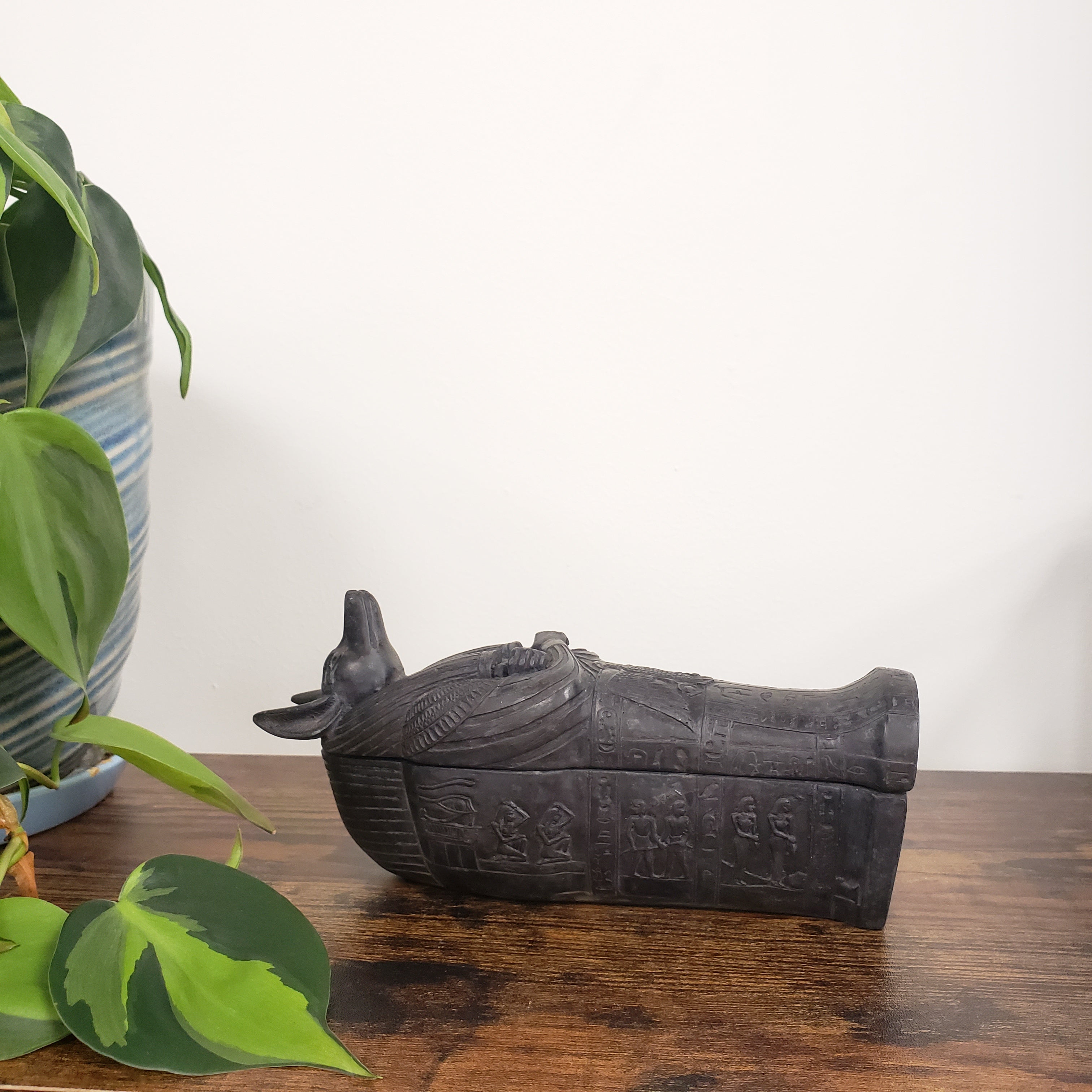 Decorative black Anubis with intricate designs on a wooden board with green plants below.